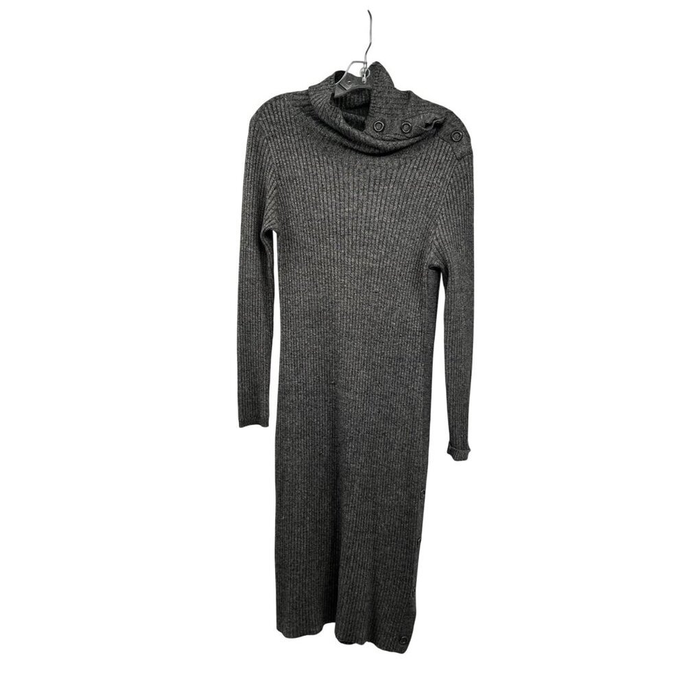 ETC Womens Midi Sweater Dress Cowl Neck Long Sleeve Gray/Multi Size Medium Snaps